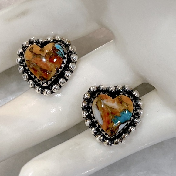 Jewelry - Blue Copper Infused Mojave Turquoise Heart Stone Sterling Silver Stud Ea…